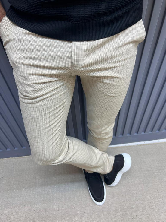 Beige Cotton Plaid Pants