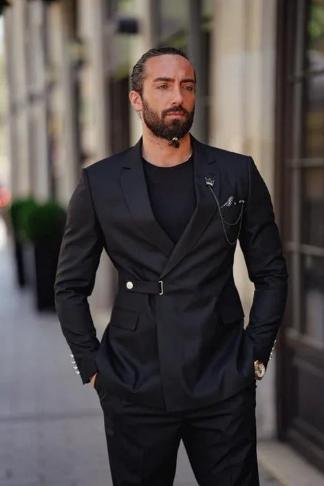 Men's Black Slim Fit Buckle Up Suit