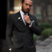 GentWith Pierre Black Slim Fit Double Breasted Pinstripe Suit