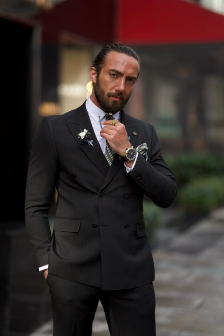 GentWith Pierre Black Slim Fit Double Breasted Pinstripe Suit