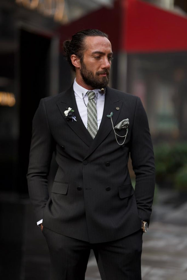 GentWith Pierre Black Slim Fit Double Breasted Pinstripe Suit
