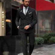 GentWith Pierre Black Slim Fit Double Breasted Pinstripe Suit