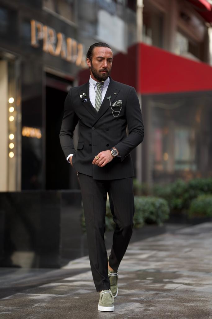 GentWith Pierre Black Slim Fit Double Breasted Pinstripe Suit