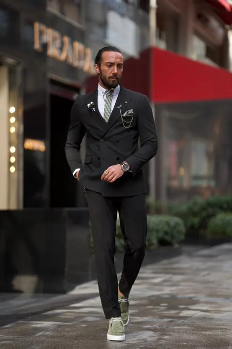 GentWith Pierre Black Slim Fit Double Breasted Pinstripe Suit