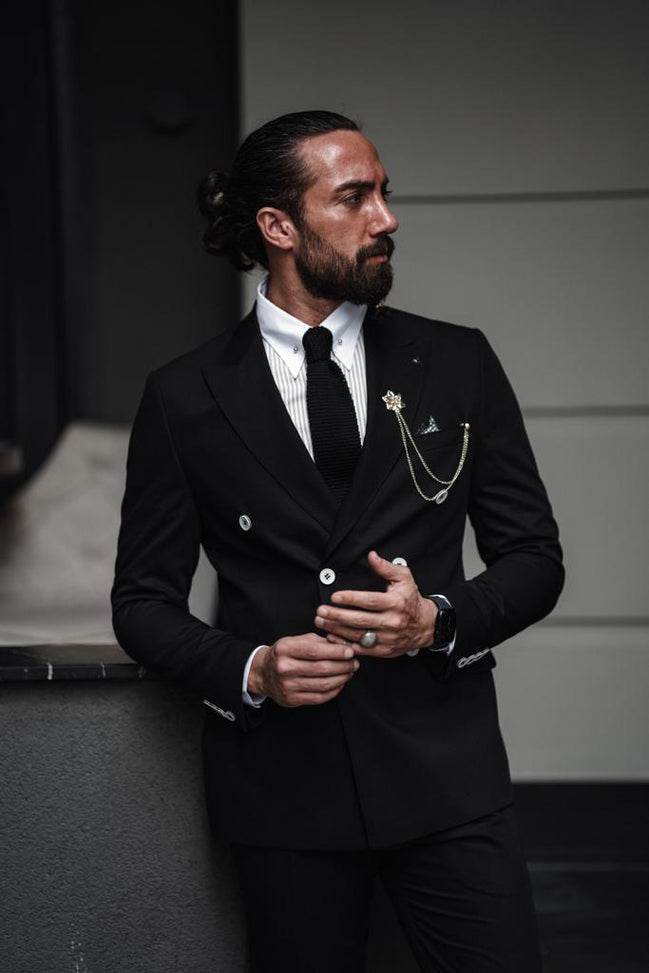 GentWith Pierre Black Slim Fit Double Breasted Suit