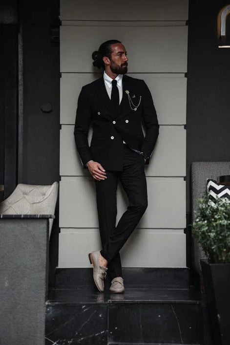 GentWith Pierre Black Slim Fit Double Breasted Suit