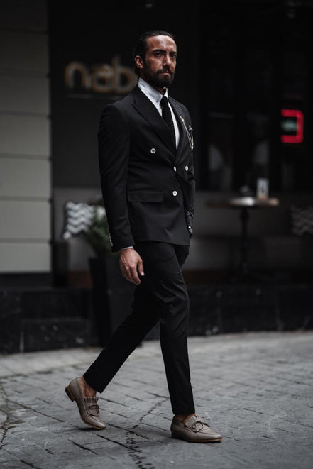 GentWith Pierre Black Slim Fit Double Breasted Suit