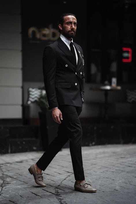 GentWith Pierre Black Slim Fit Double Breasted Suit