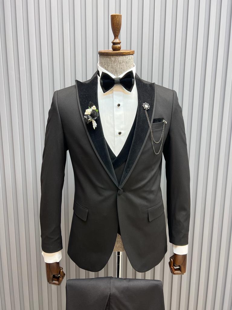 Pierre Black Slim Fit Velvet Peak Lapel Tuxedo