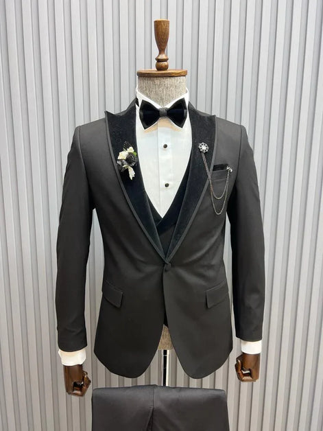 Pierre Black Slim Fit Velvet Peak Lapel Tuxedo