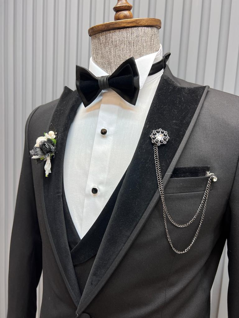 Pierre Black Slim Fit Velvet Peak Lapel Tuxedo