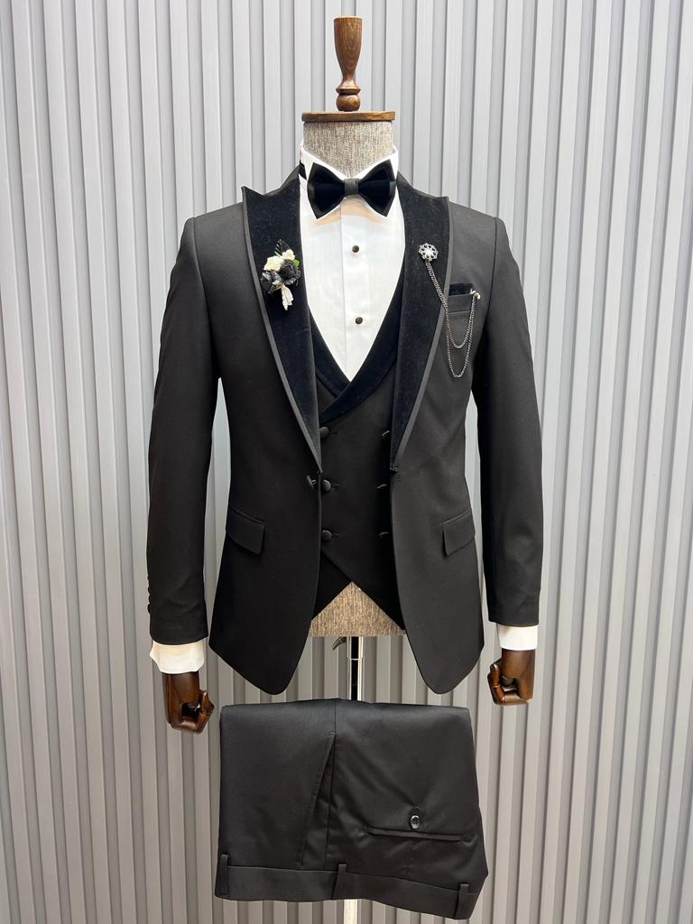 Pierre Black Slim Fit Velvet Peak Lapel Tuxedo
