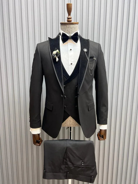 Pierre Black Slim Fit Velvet Peak Lapel Tuxedo