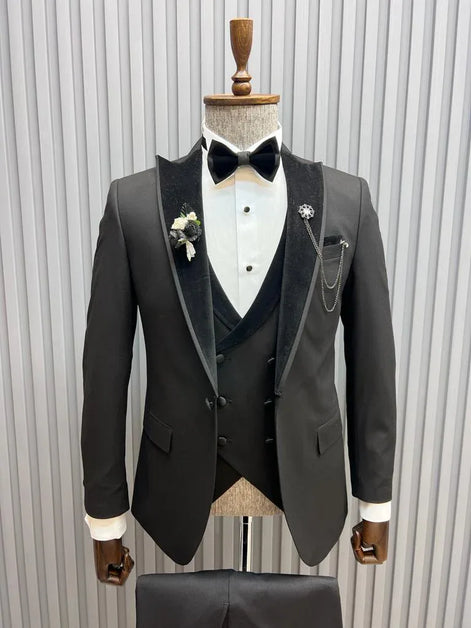 Pierre Black Slim Fit Velvet Peak Lapel Tuxedo