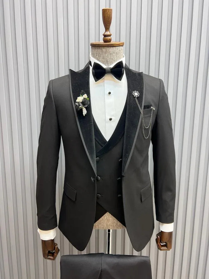 Pierre Black Slim Fit Velvet Peak Lapel Tuxedo
