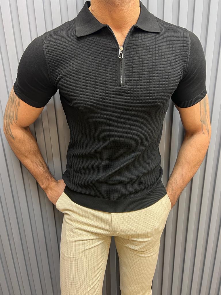 GentWith Pierre Black Slim Fit Zipper Polo T-Shirt