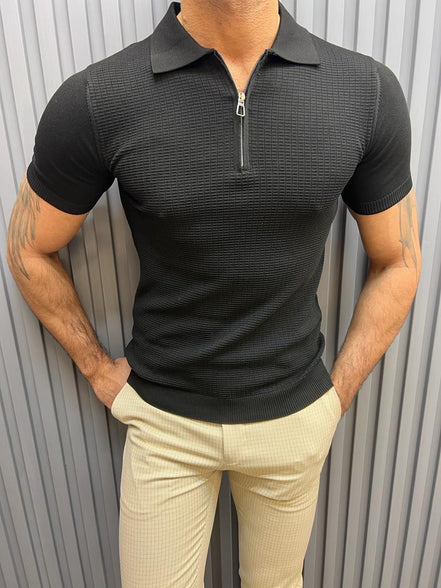 GentWith Pierre Black Slim Fit Zipper Polo T-Shirt