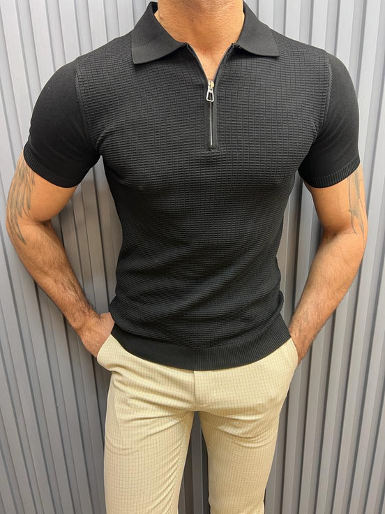 Black Slim Fit Zipper Polo T-Shirt for Men by GentWith.com with Free Worldwide Shipping