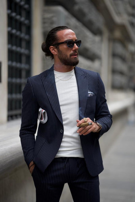 GentWith Pierre Dark Blue Slim Fit Double Breasted Pinstripe Suit