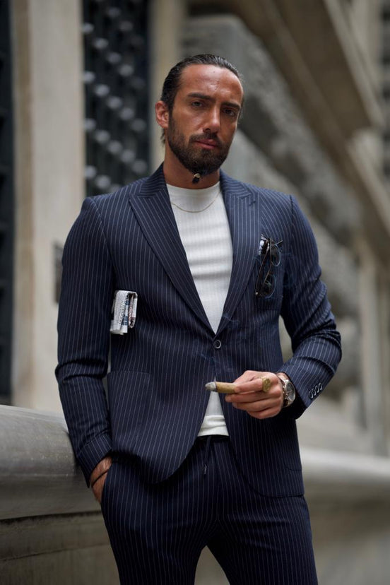 Dark Blue Slim Fit Double Breasted Pinstripe Suit for Men by GentWith.com with Free Worldwide Shipping
