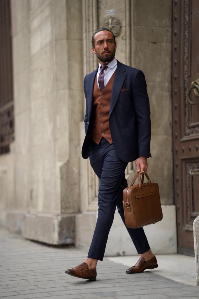 GentWith Pierre Dark Blue Slim Fit Pinstripe Combination Suit