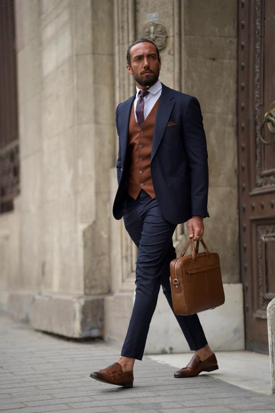 Dark Blue Slim Fit Pinstripe Combination Suit