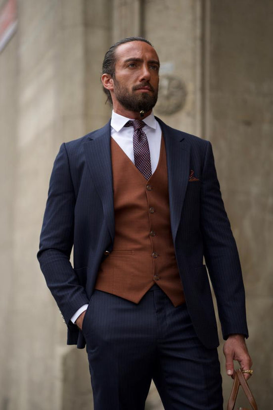 Dark Blue Slim Fit Pinstripe Combination Suit for Men by GentWith.com with Free Worldwide Shipping