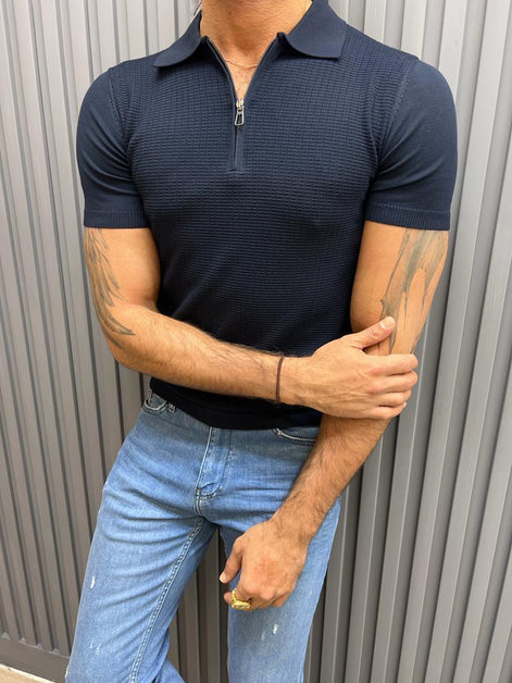 GentWith Pierre Dark Blue Slim Fit Zipper Polo T-Shirt