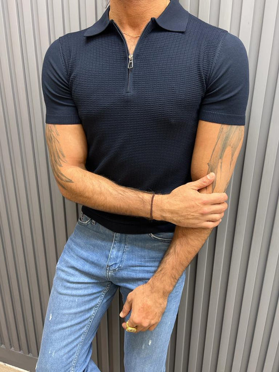 Dark Blue Slim Fit Zipper Polo T-Shirt for Men by GentWith.com with Free Worldwide Shipping