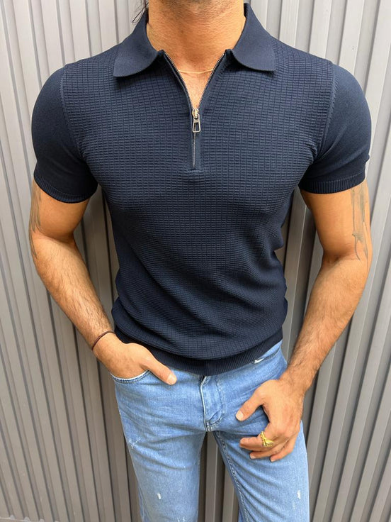 Dark Blue Slim Fit Zipper Polo T-Shirt for Men by GentWith.com with Free Worldwide Shipping
