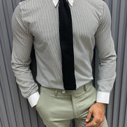 GentWith Pierre Gray Slim Fit Long Sleeve Striped Cotton Shirt