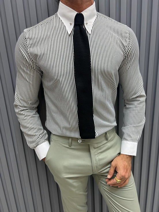 Gray Slim Fit Long Sleeve Striped Cotton Shirt for Men by GentWith.com with Free Worldwide Shipping