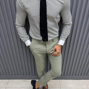 GentWith Pierre Gray Slim Fit Long Sleeve Striped Cotton Shirt