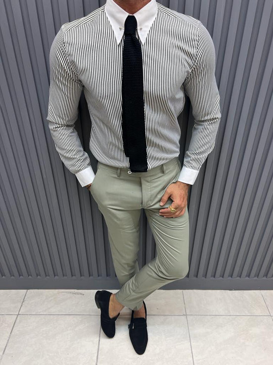 Gray Slim Fit Long Sleeve Striped Cotton Shirt for Men by GentWith.com with Free Worldwide Shipping