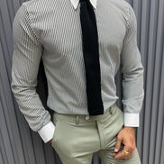 GentWith Pierre Gray Slim Fit Long Sleeve Striped Cotton Shirt