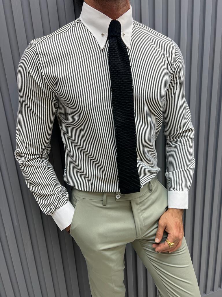 GentWith Pierre Gray Slim Fit Long Sleeve Striped Cotton Shirt