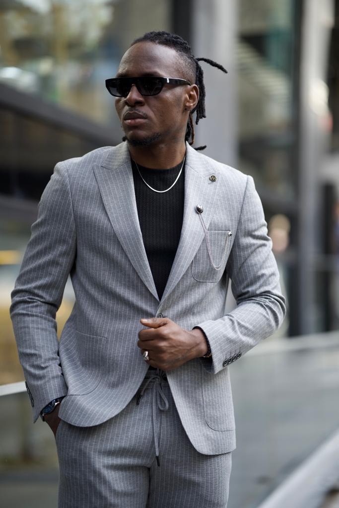 GentWith Pierre Gray Slim Fit Pinstripe Cotton Suit