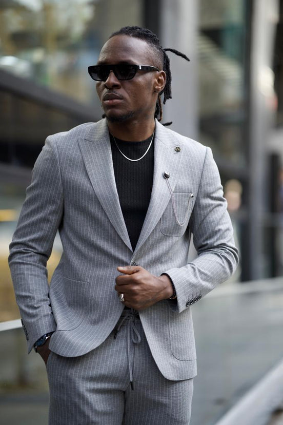 Gray Slim Fit Pinstripe Cotton Suit for Men by GentWith.com with Free Worldwide Shipping