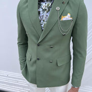 Pierre Green Slim Fit Double Breasted Linen Blazer
