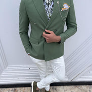 Pierre Green Slim Fit Double Breasted Linen Blazer