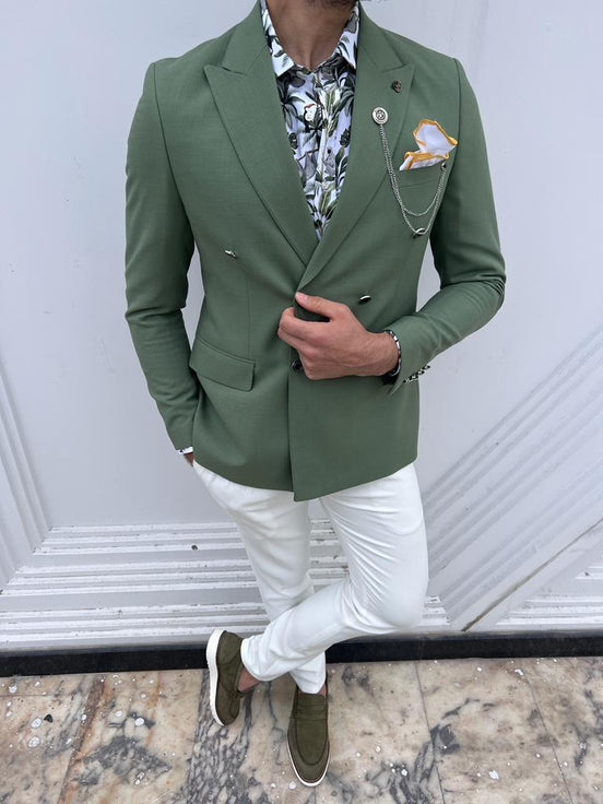 Green Double Breasted Linen Blazer