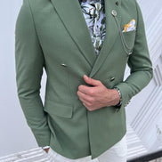 Pierre Green Slim Fit Double Breasted Linen Blazer