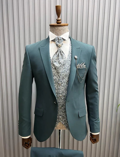 Pierre Green Slim Fit Floral Peak Lapel Groom Suit