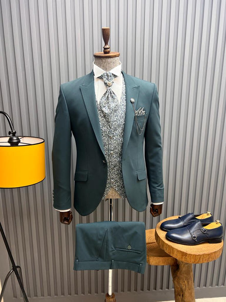 Pierre Green Slim Fit Floral Peak Lapel Groom Suit