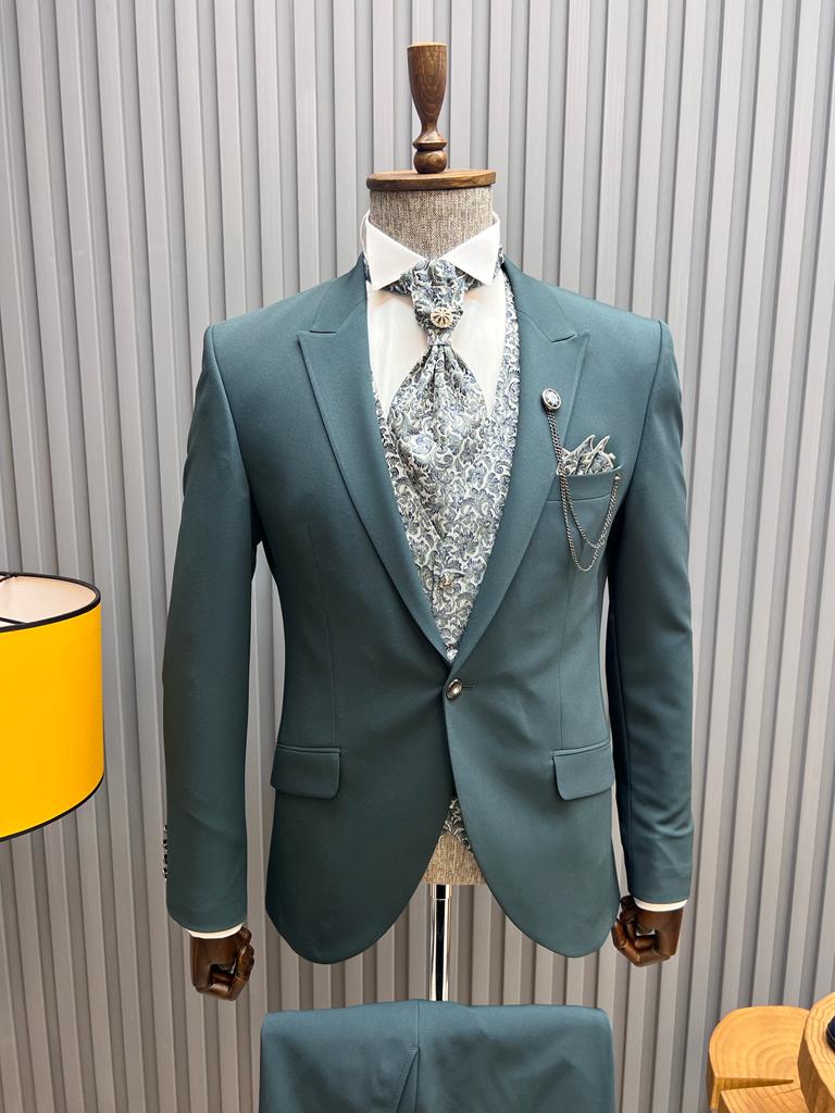Pierre Green Slim Fit Floral Peak Lapel Groom Suit