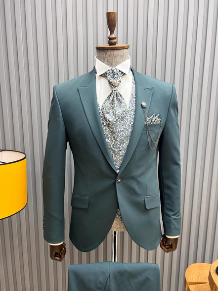 Pierre Green Slim Fit Floral Peak Lapel Groom Suit