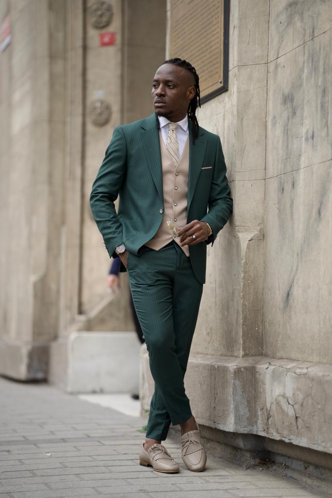 GentWith Pierre Green Slim Fit Pinstripe Combination Suit