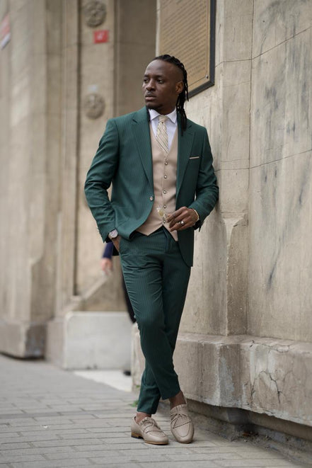 GentWith Pierre Green Slim Fit Pinstripe Combination Suit