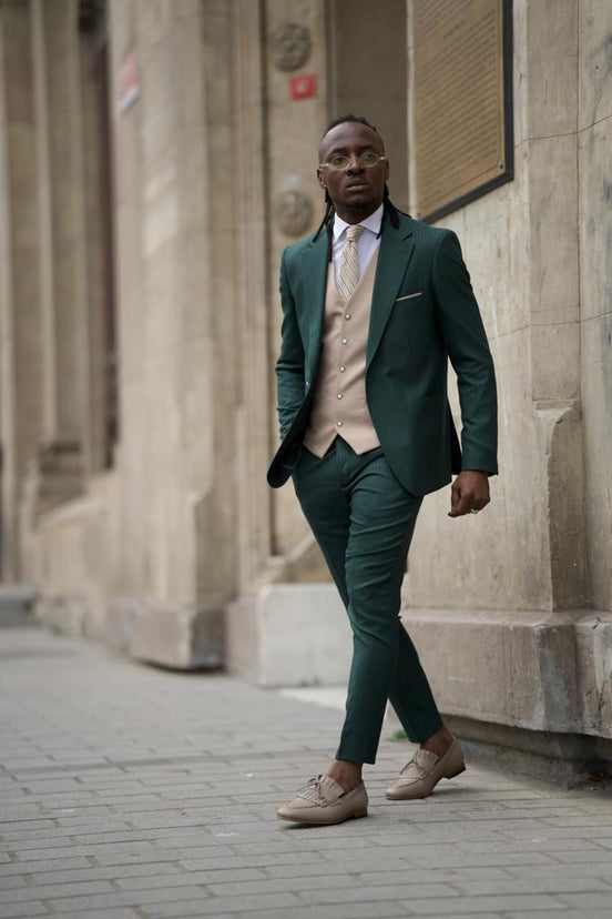 Green Slim Fit Pinstripe Combination Suit