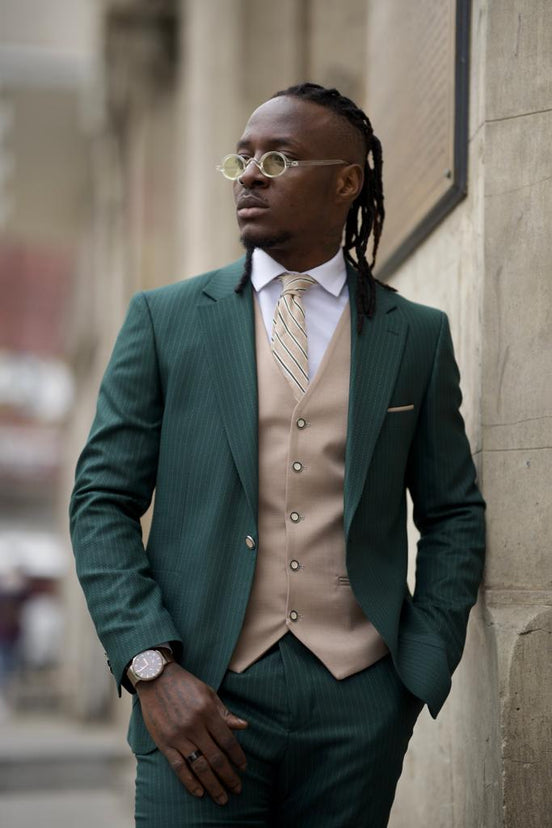 Green Slim Fit Pinstripe Combination Suit for Men by GentWith.com with Free Worldwide Shipping